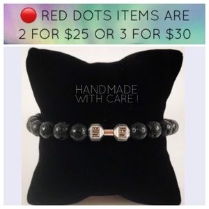 🔴barbell bead bracelet . Men / women black lava rock & silver barbell charm